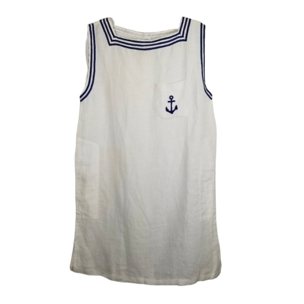 White Nautical Sleeveless Shift Dress with Navy Trim